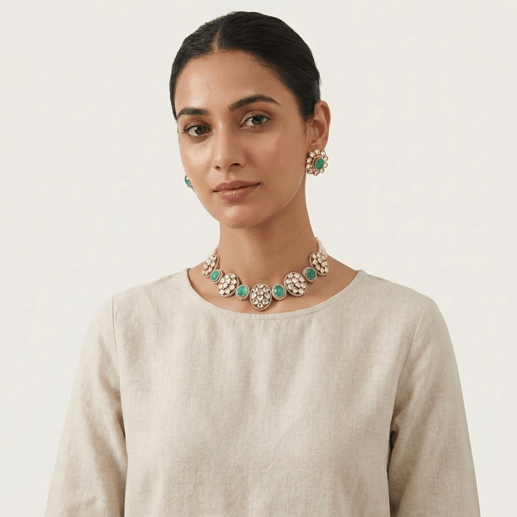 Mataari Necklaces Antique Gold Mint Oval Cubic Zirconia Polki Pearl Single Line Necklace