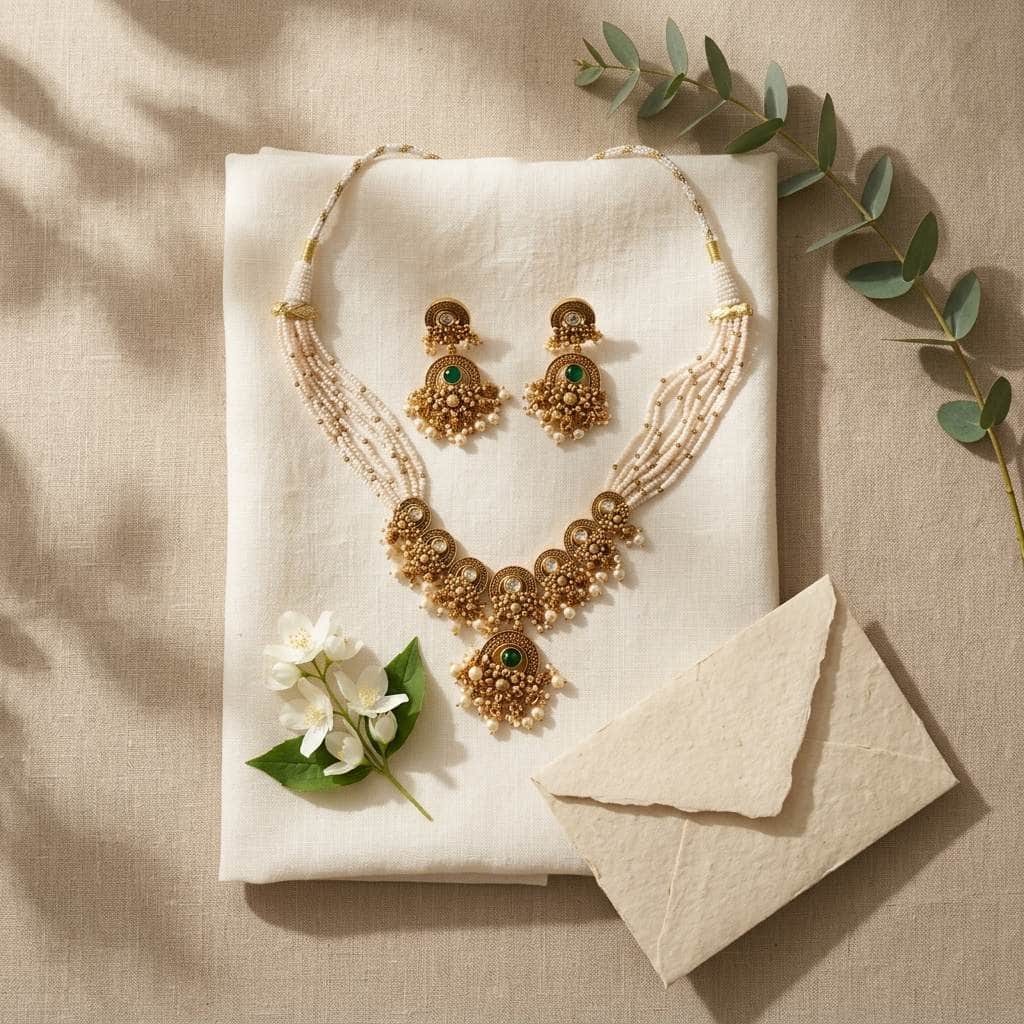 Mataari Necklaces Antique Gold Pearl Beaded Layered Kundan Polki Necklace Set