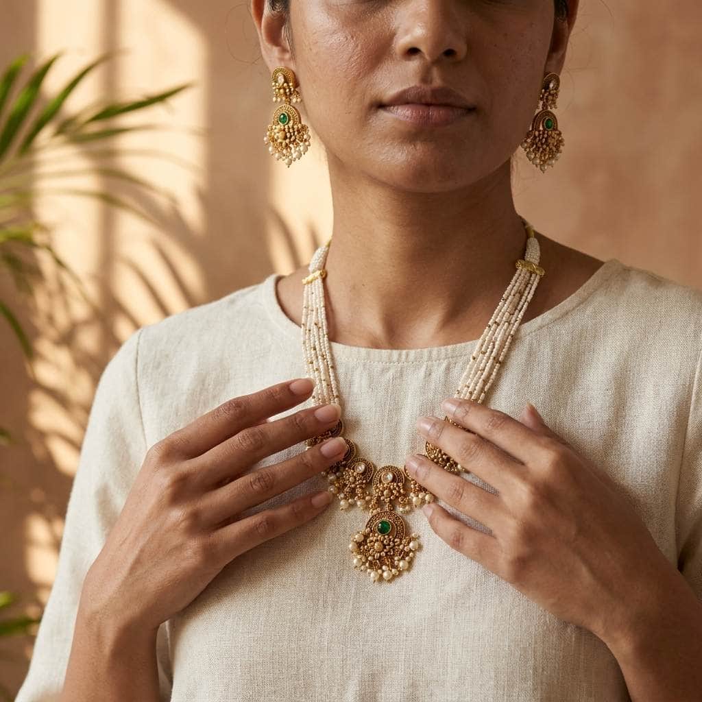 Mataari Necklaces Antique Gold Pearl Beaded Layered Kundan Polki Necklace Set