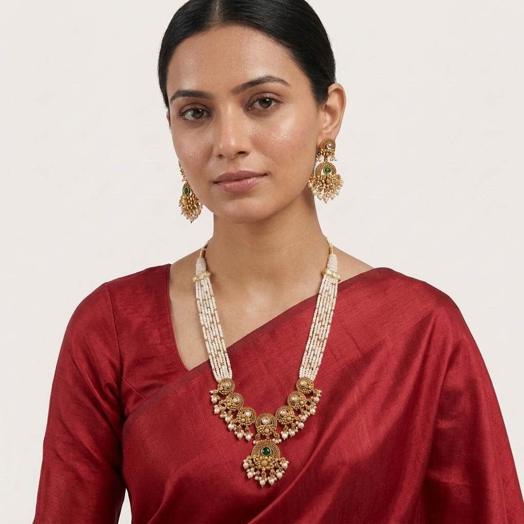 Mataari Necklaces Antique Gold Pearl Beaded Layered Kundan Polki Necklace Set