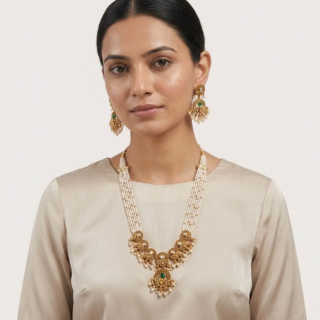 Mataari Necklaces Antique Gold Pearl Beaded Layered Kundan Polki Necklace Set