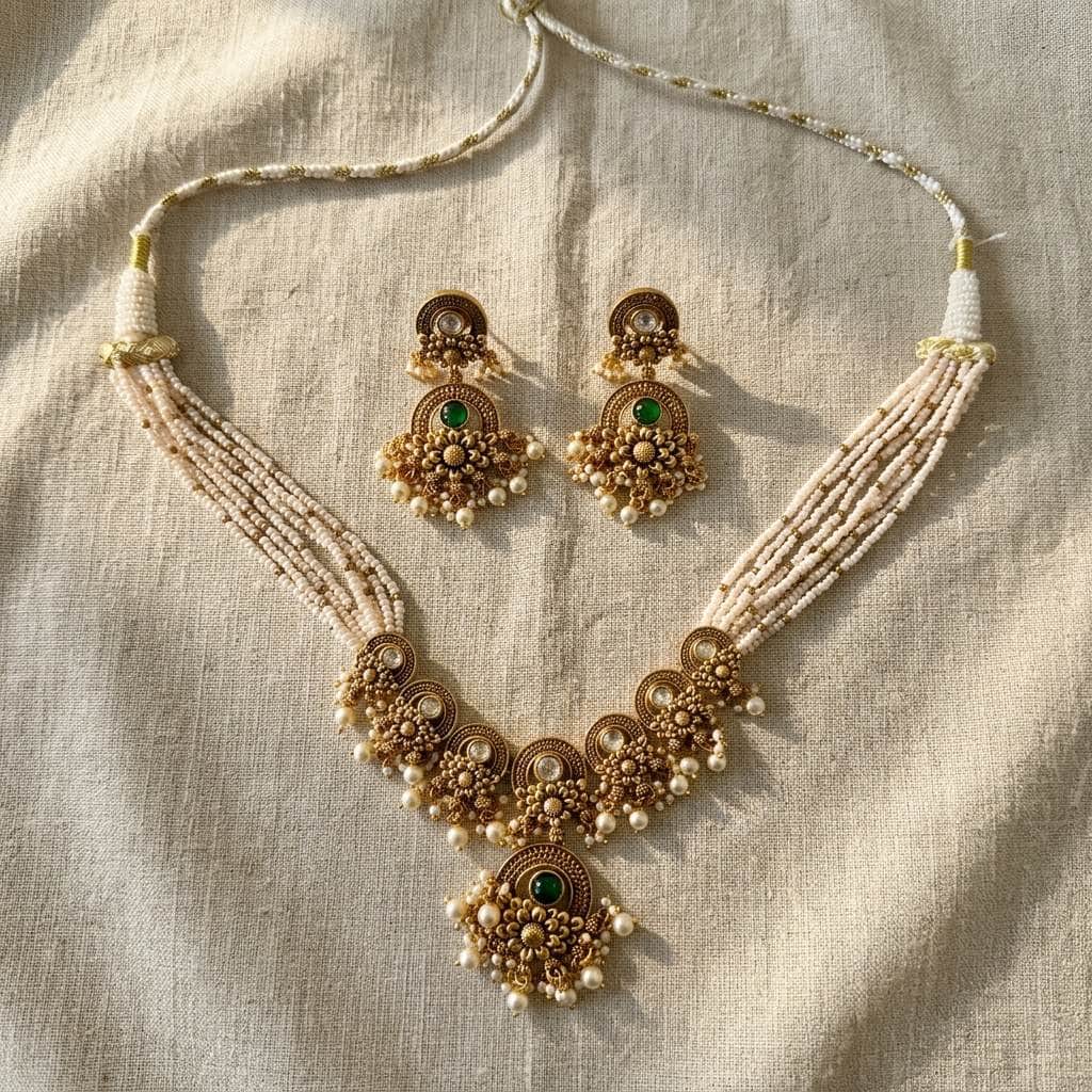 Mataari Necklaces Antique Gold Pearl Beaded Layered Kundan Polki Necklace Set