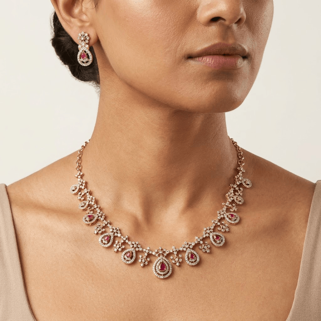 Mataari Necklaces Antique Gold Plated Cubic Zirconia Teardrop Ruby Necklace for Wedding