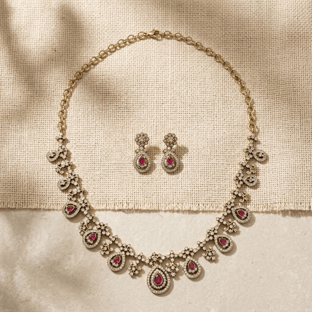 Mataari Necklaces Antique Gold Plated Cubic Zirconia Teardrop Ruby Necklace for Wedding