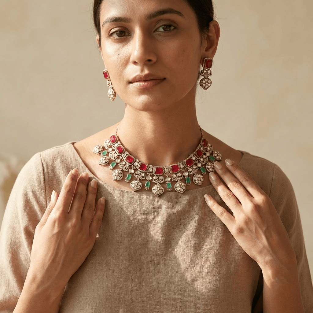 Mataari Necklaces Antique Gold Plated Kundan Choker Polki Necklace with Ruby & Emerald Accents