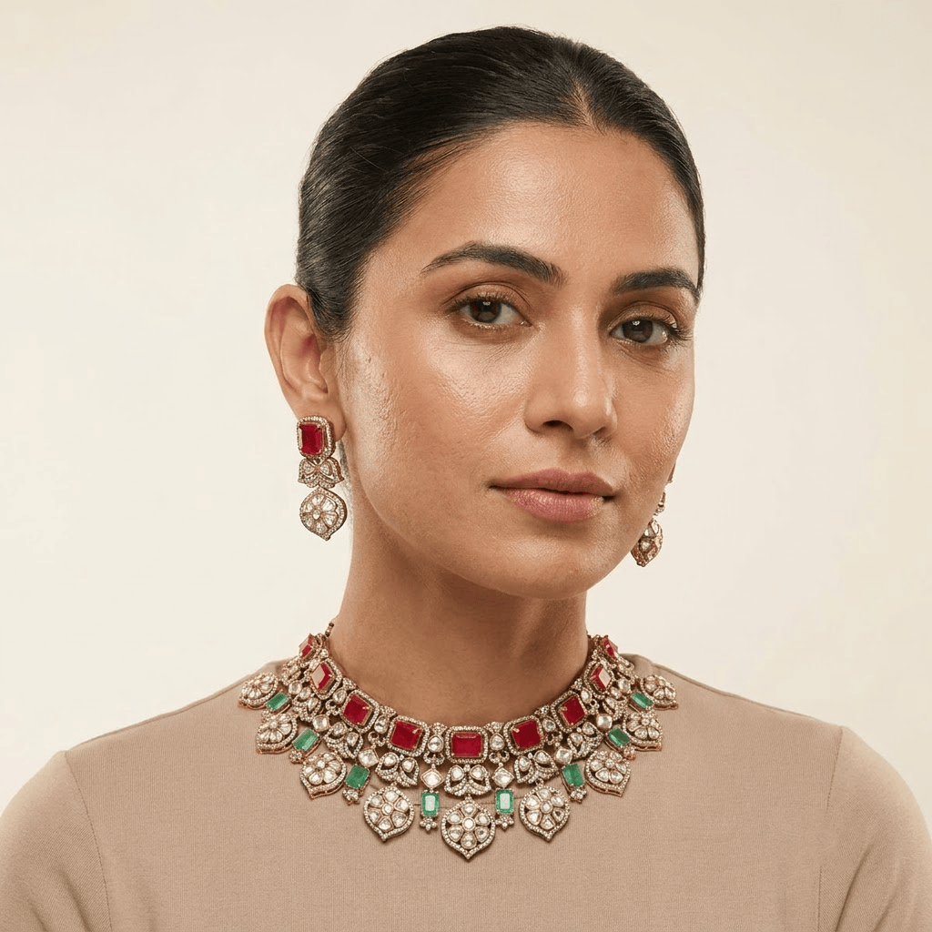 Mataari Necklaces Antique Gold Plated Kundan Choker Polki Necklace with Ruby & Emerald Accents