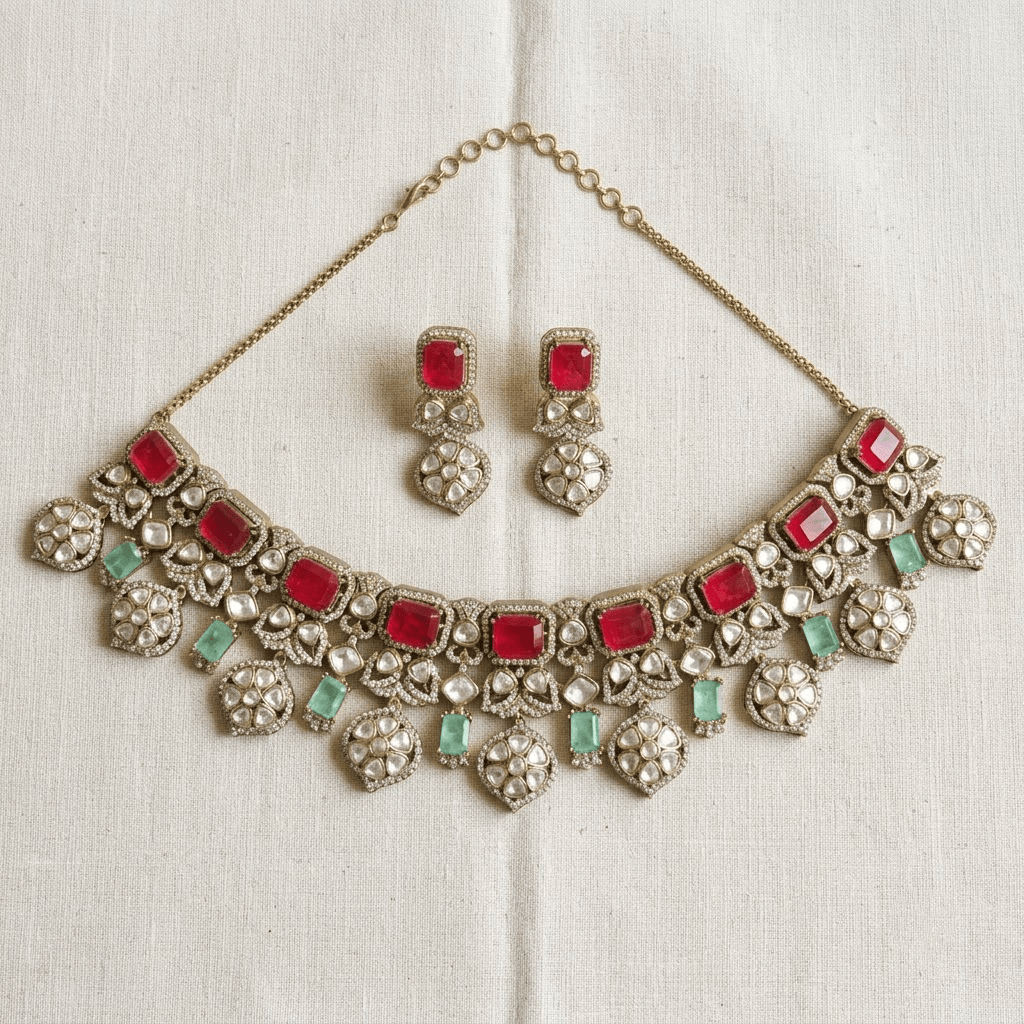 Mataari Necklaces Antique Gold Plated Kundan Choker Polki Necklace with Ruby & Emerald Accents