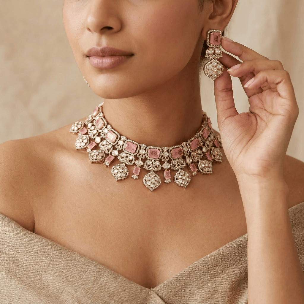 Mataari Necklaces Antique Gold Plated Kundan Choker Polki Necklace with Ruby & Emerald Accents