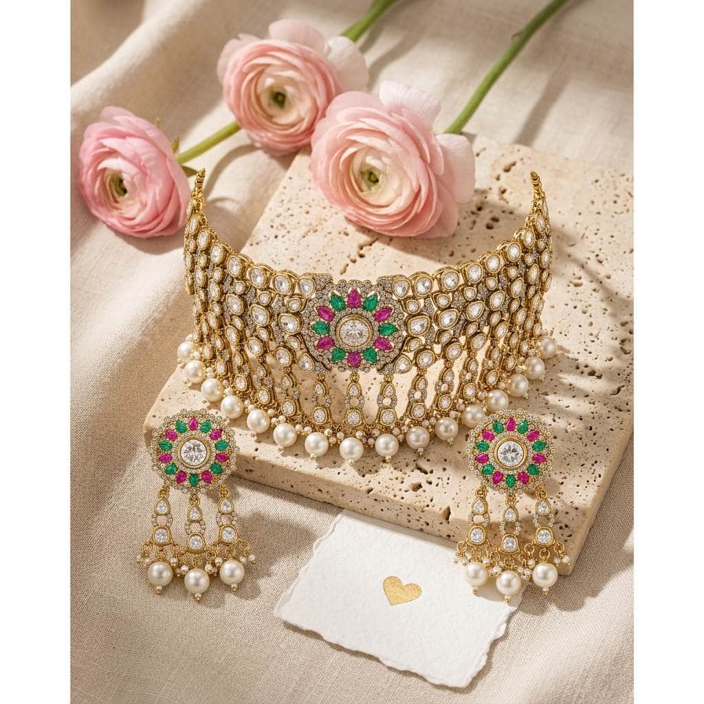 Mataari Necklaces Antique Gold Polki Kundan Pearl Beaded Bridal Choker Necklace