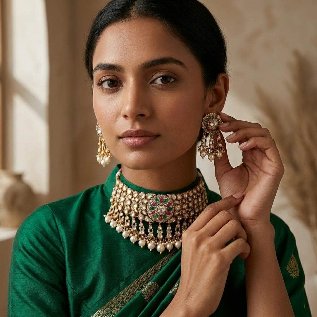 Mataari Necklaces Antique Gold Polki Kundan Pearl Beaded Bridal Choker Necklace