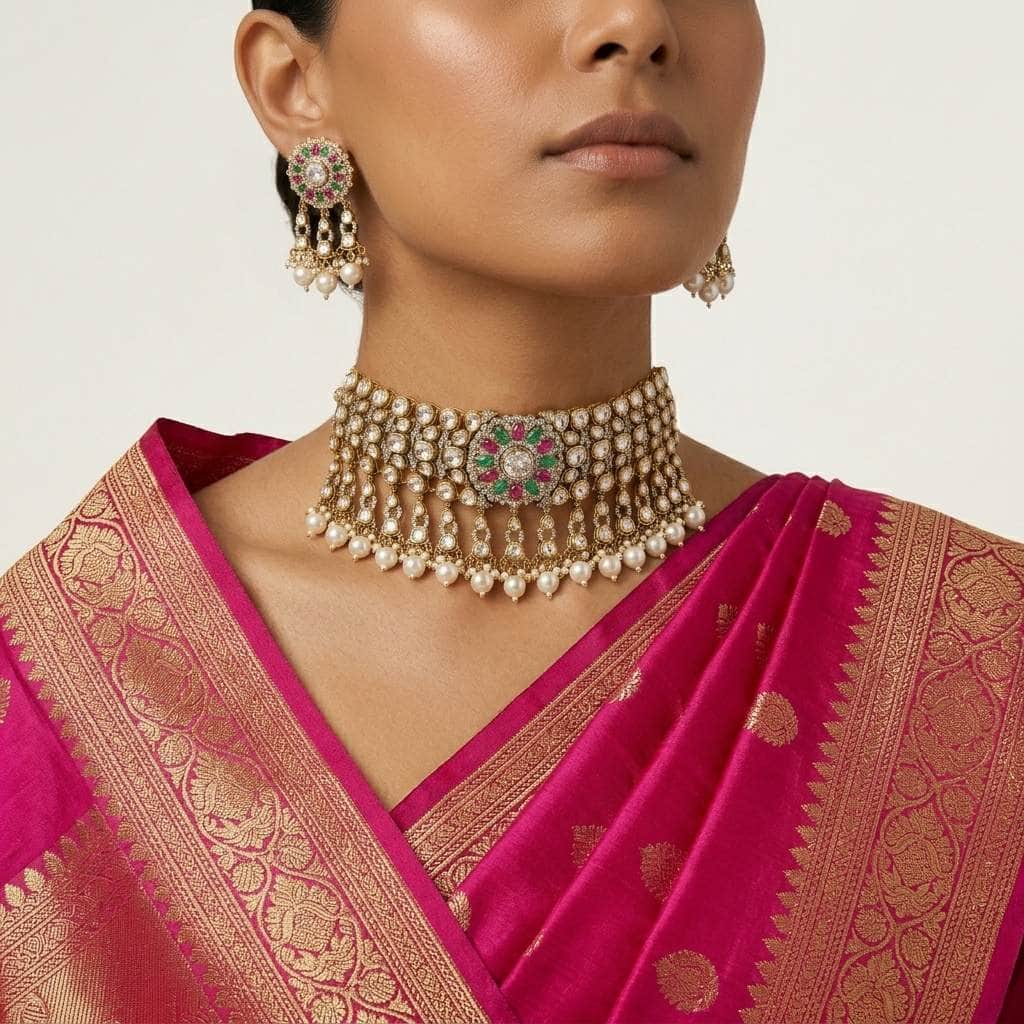 Mataari Necklaces Antique Gold Polki Kundan Pearl Beaded Bridal Choker Necklace