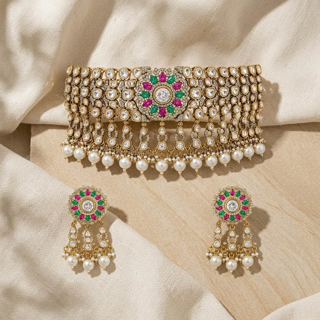 Mataari Necklaces Antique Gold Polki Kundan Pearl Beaded Bridal Choker Necklace