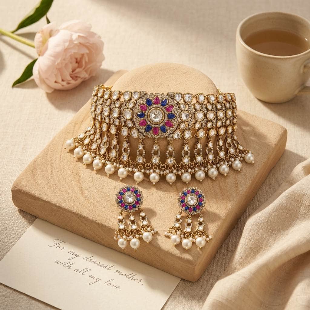 Mataari Necklaces Antique Gold Polki Kundan Pearl Beaded Bridal Choker Necklace