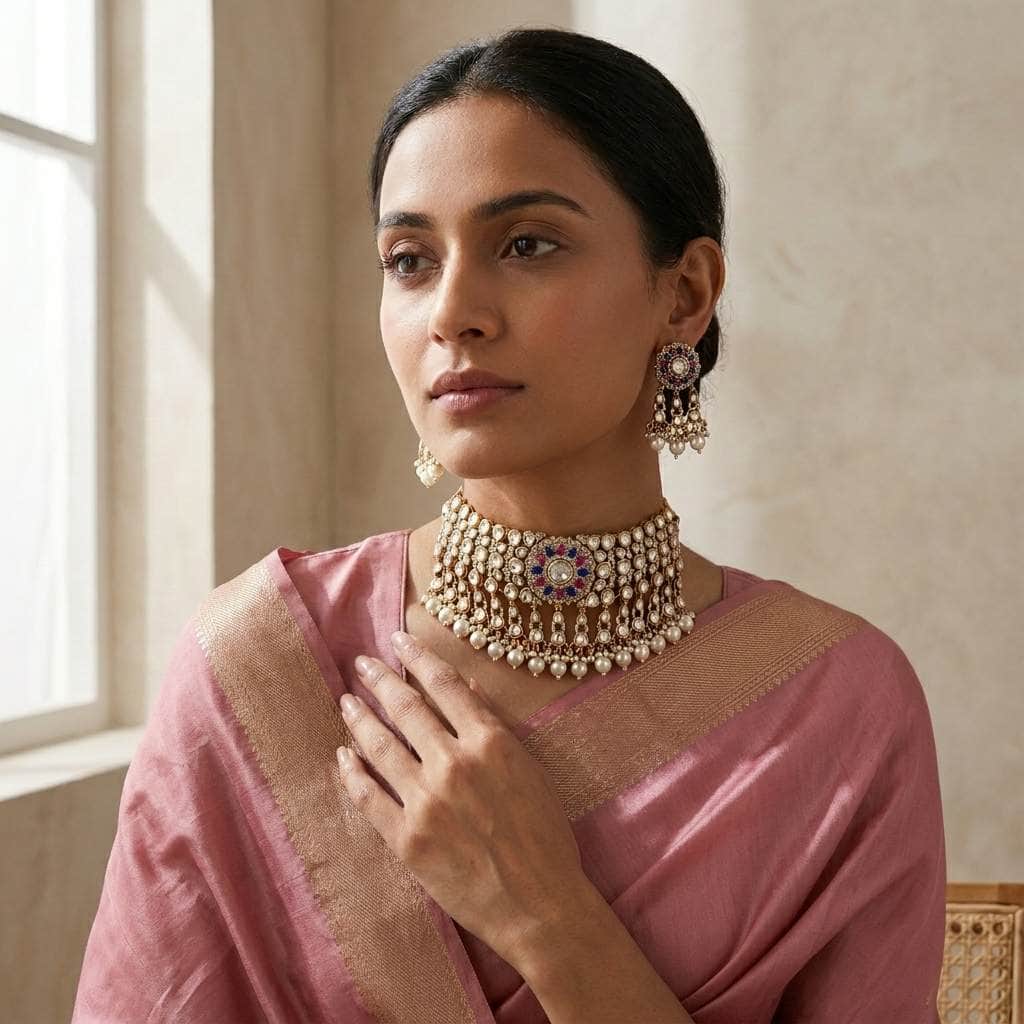 Mataari Necklaces Antique Gold Polki Kundan Pearl Beaded Bridal Choker Necklace