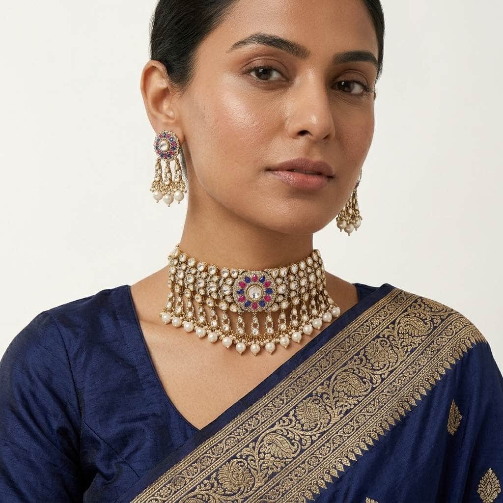 Mataari Necklaces Antique Gold Polki Kundan Pearl Beaded Bridal Choker Necklace