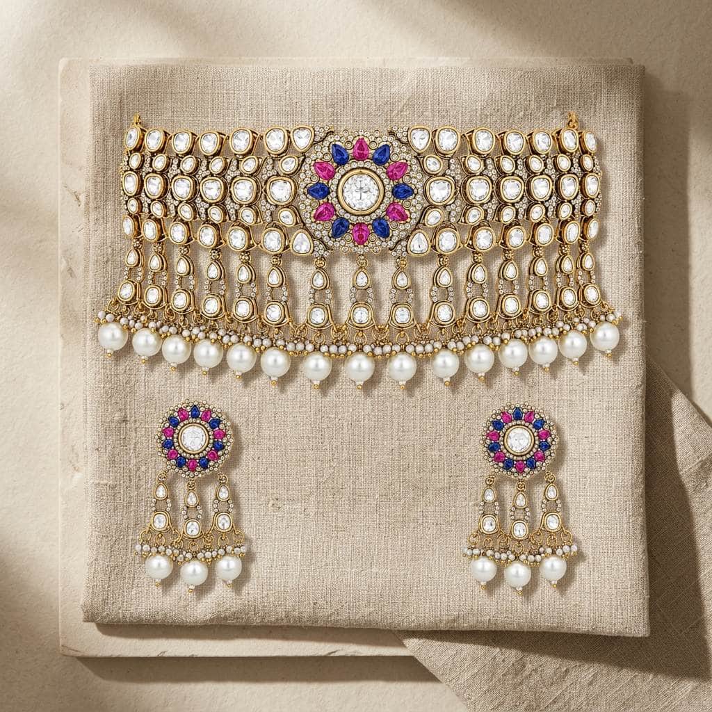 Mataari Necklaces Antique Gold Polki Kundan Pearl Beaded Bridal Choker Necklace