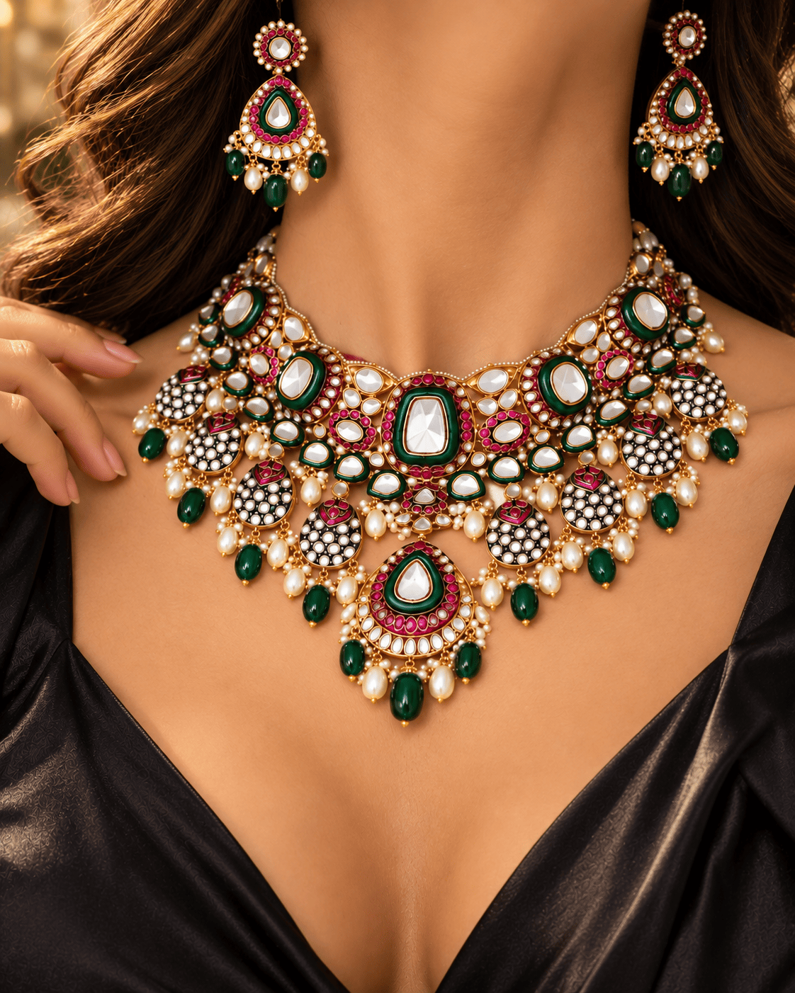 Mataari Necklaces Anvitha Gold Plated Polki Pearl Kundan Bridal Choker Necklace Set with Maang Tikka