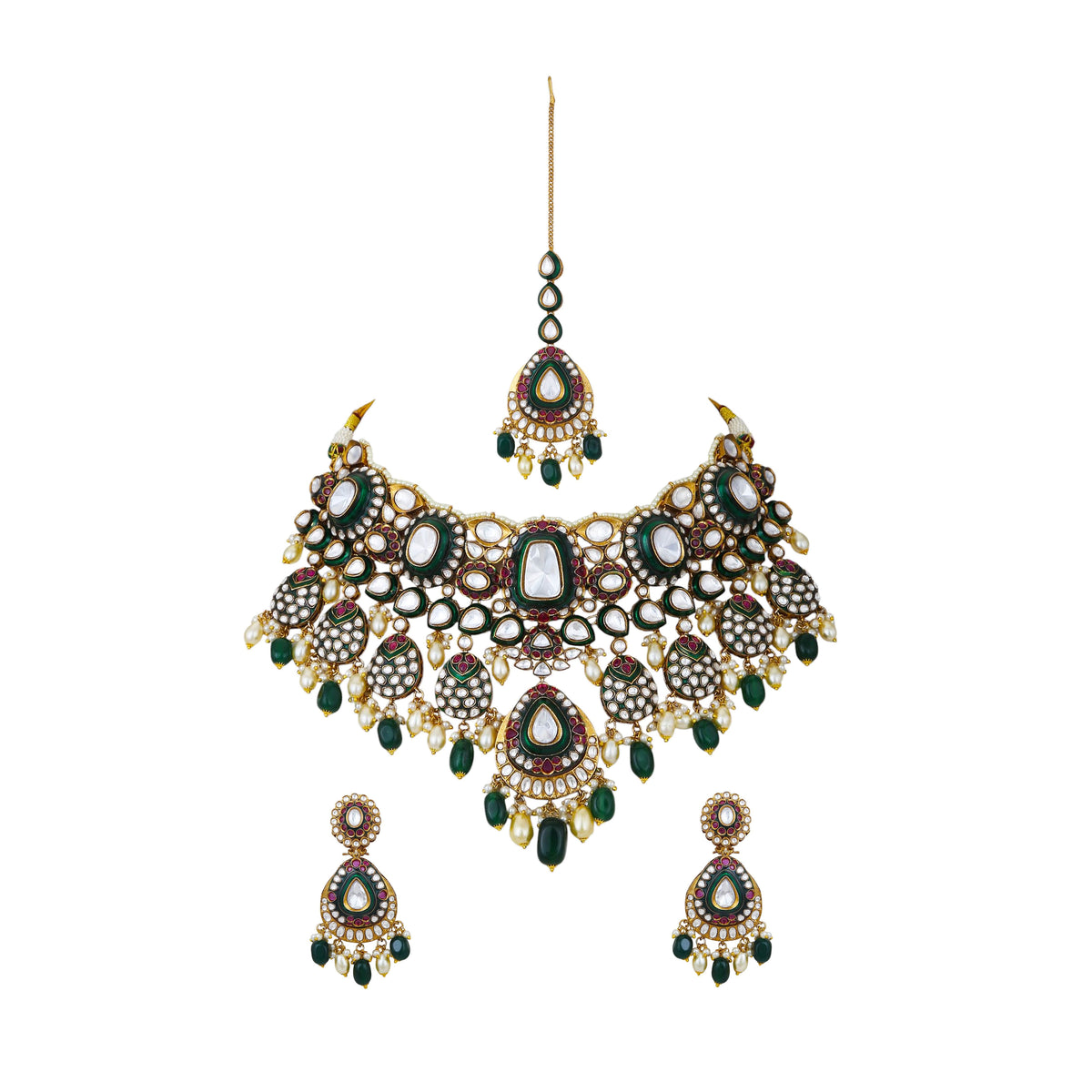 Mataari Necklaces Anvitha Gold Plated Polki Pearl Kundan Bridal Choker Necklace Set with Maang Tikka