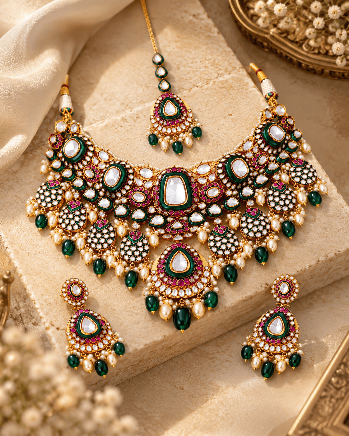 Mataari Necklaces Anvitha Gold Plated Polki Pearl Kundan Bridal Choker Necklace Set with Maang Tikka