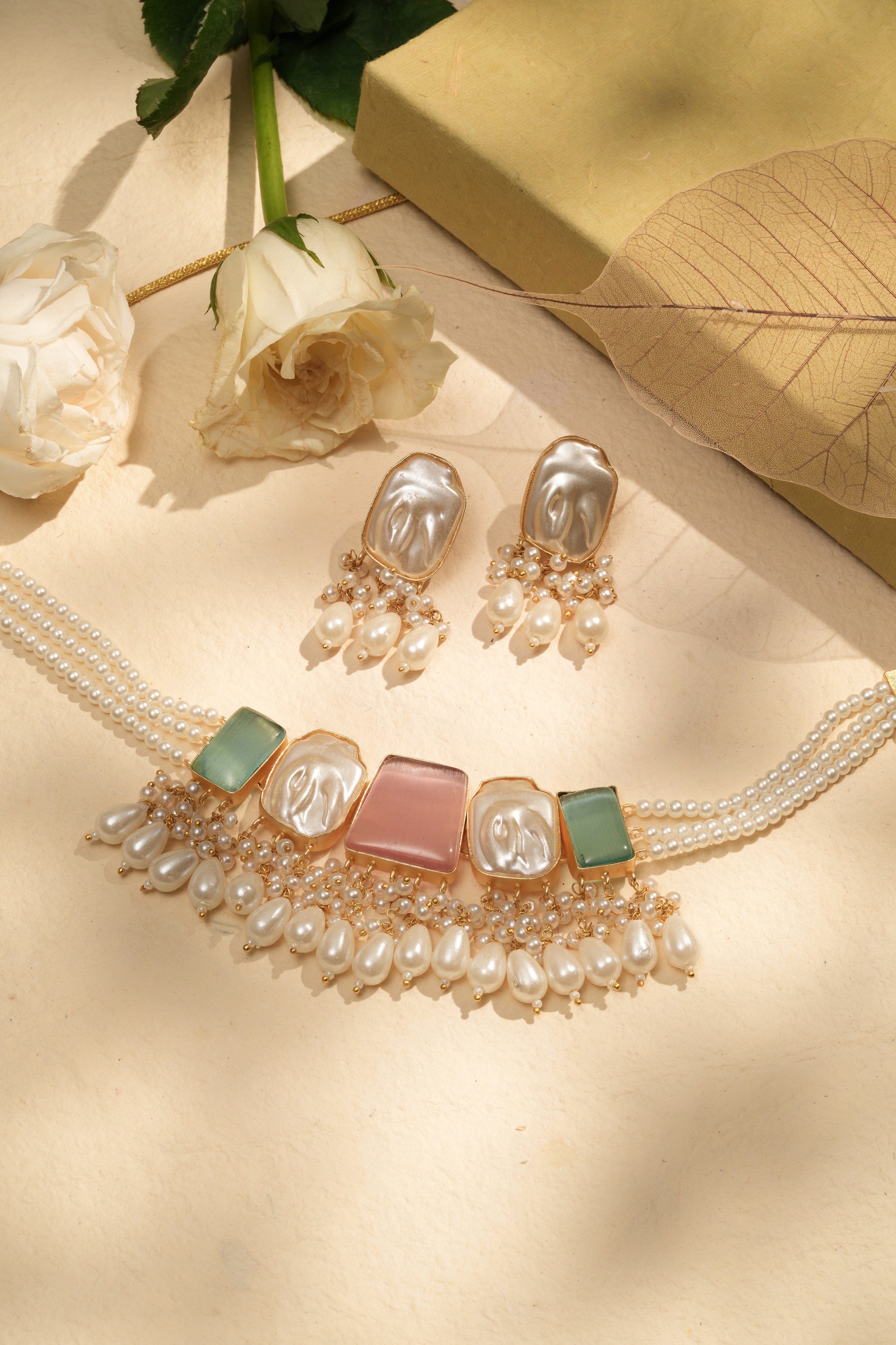 Mataari Necklaces Rose Quartz & Aqua Aventurine Pearl Cascade | CZ | Indian Jewelry | Mataari