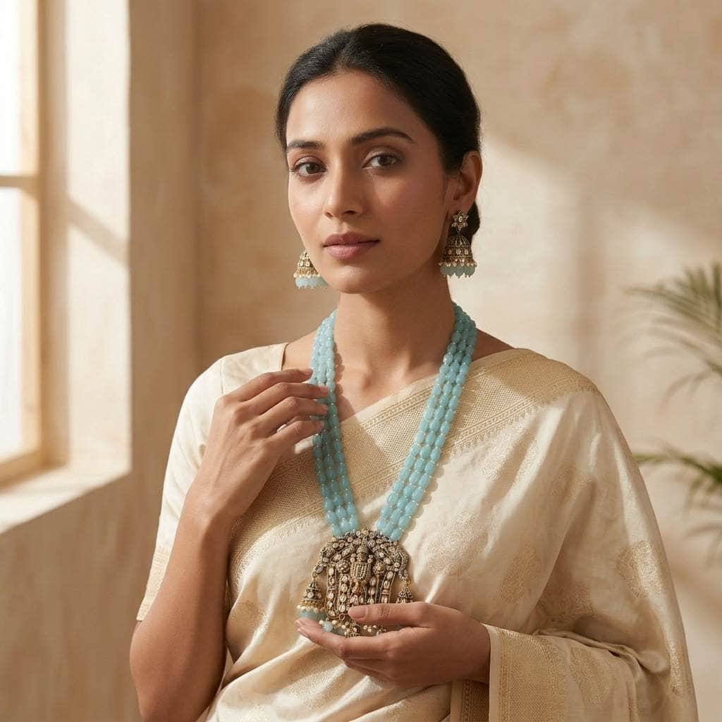 Mataari Necklaces Aquamarine Elephant Antique Gold Tirupati Balaji Kundan Polki Beaded Pearl Long Necklace