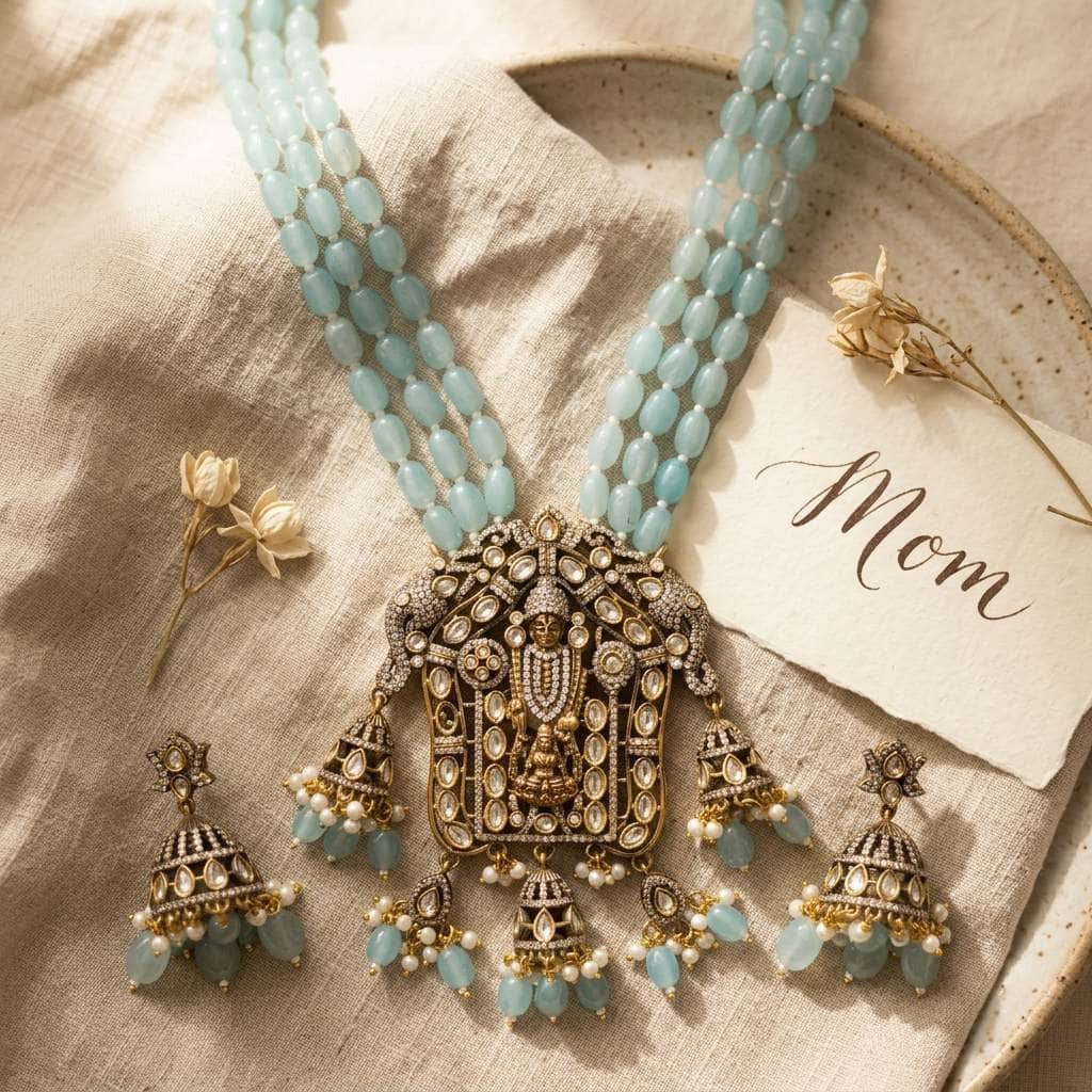 Mataari Necklaces Aquamarine Elephant Antique Gold Tirupati Balaji Kundan Polki Beaded Pearl Long Necklace