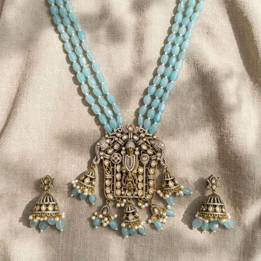Mataari Necklaces Aquamarine Elephant Antique Gold Tirupati Balaji Kundan Polki Beaded Pearl Long Necklace