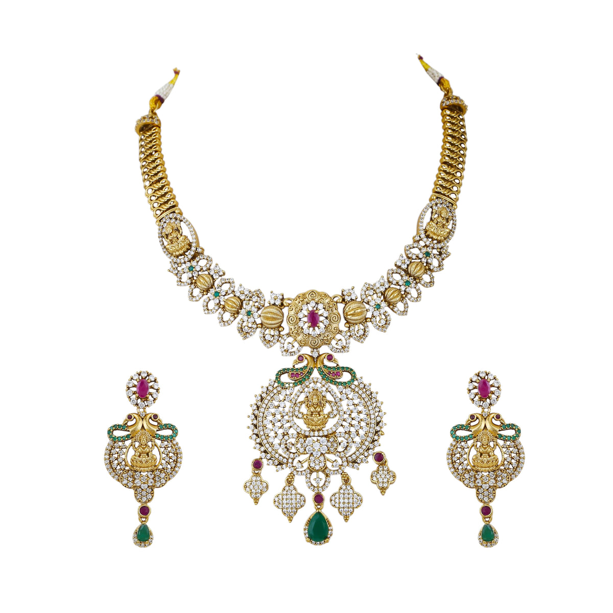 Mataari Necklaces Arisha Antique Gold Plated Lakshmi Crystal CZ Flower Necklace