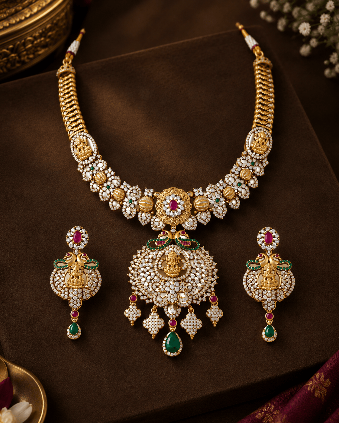 Mataari Necklaces Arisha Antique Gold Plated Lakshmi Crystal CZ Flower Necklace