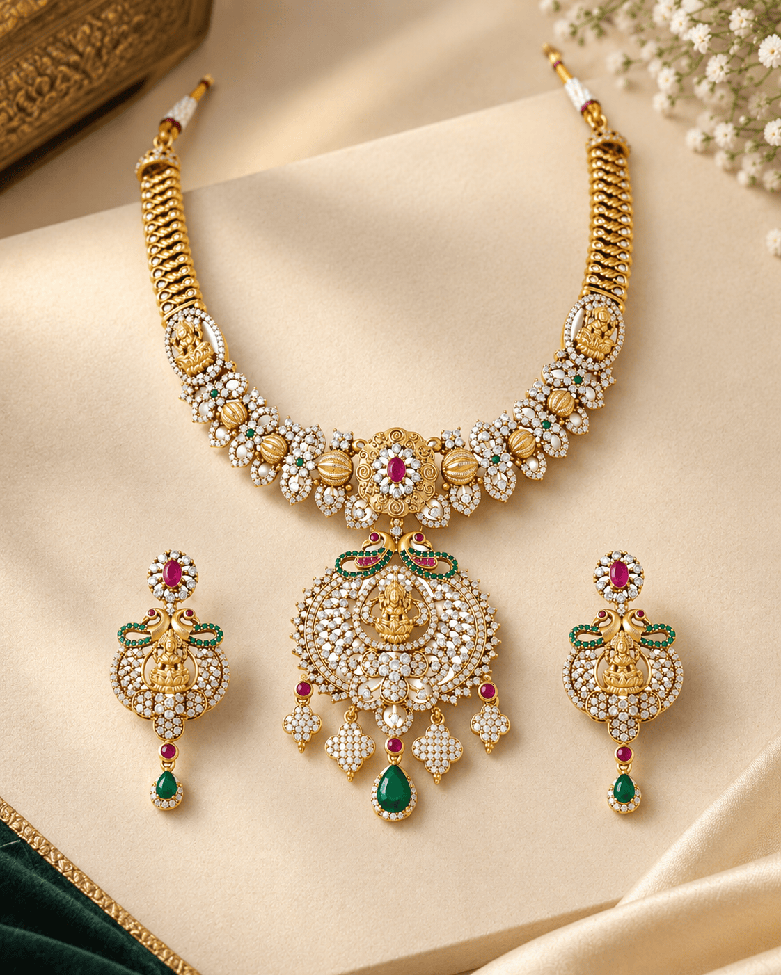 Mataari Necklaces Arisha Antique Gold Plated Lakshmi Crystal CZ Flower Necklace