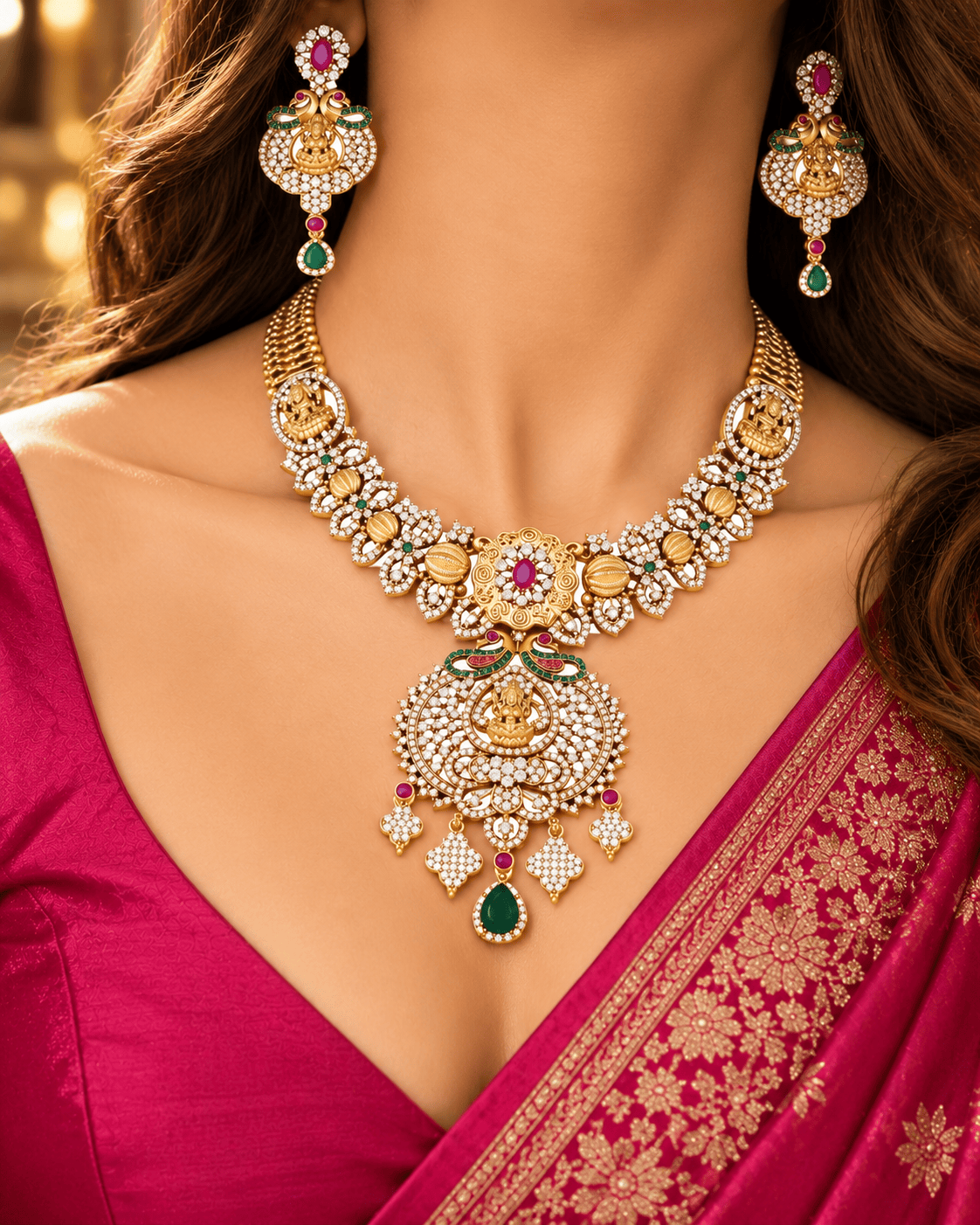 Mataari Necklaces Arisha Antique Gold Plated Lakshmi Crystal CZ Flower Necklace