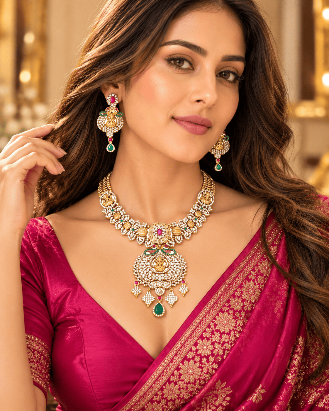 Mataari Necklaces Arisha Antique Gold Plated Lakshmi Crystal CZ Flower Necklace