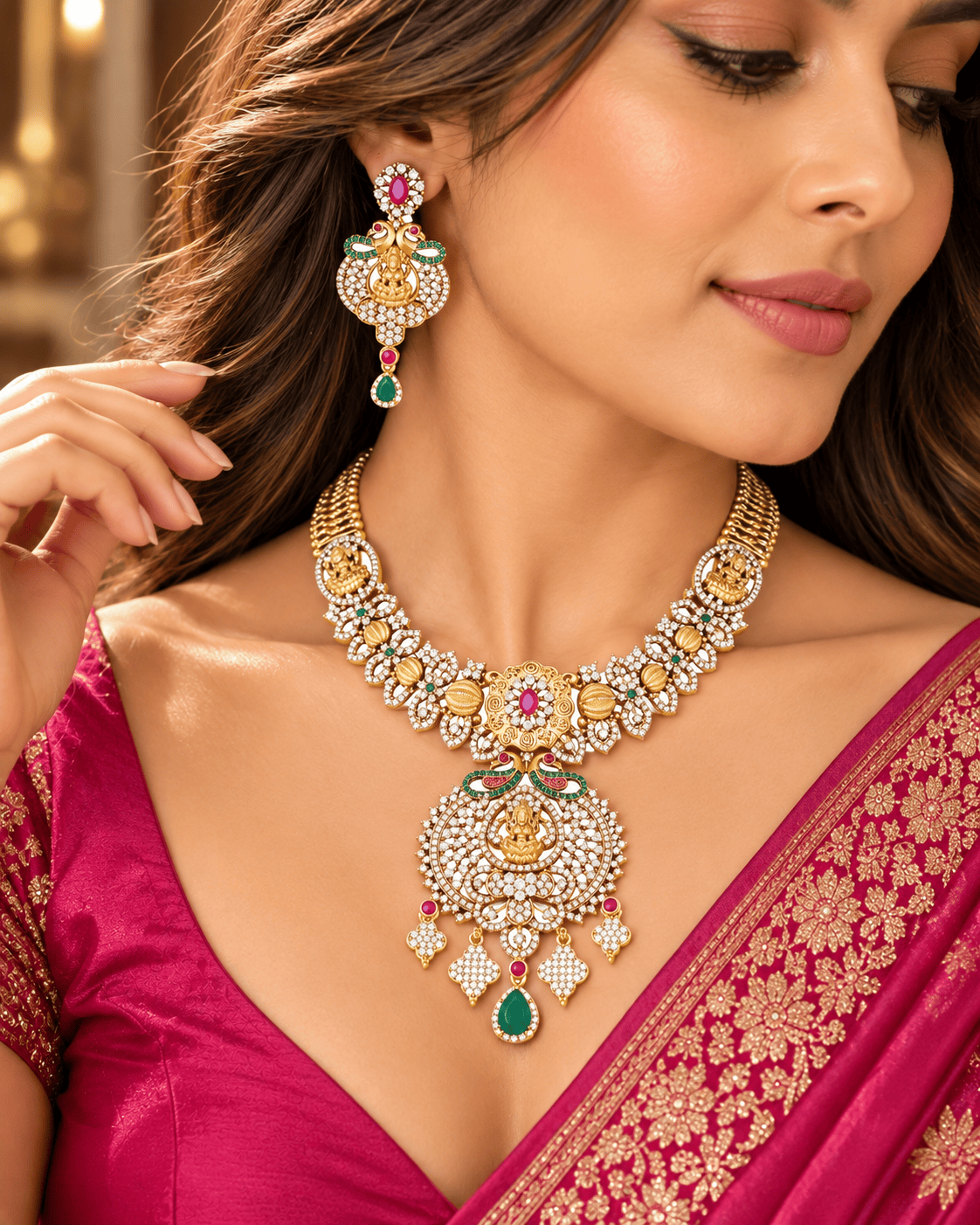 Mataari Necklaces Arisha Antique Gold Plated Lakshmi Crystal CZ Flower Necklace