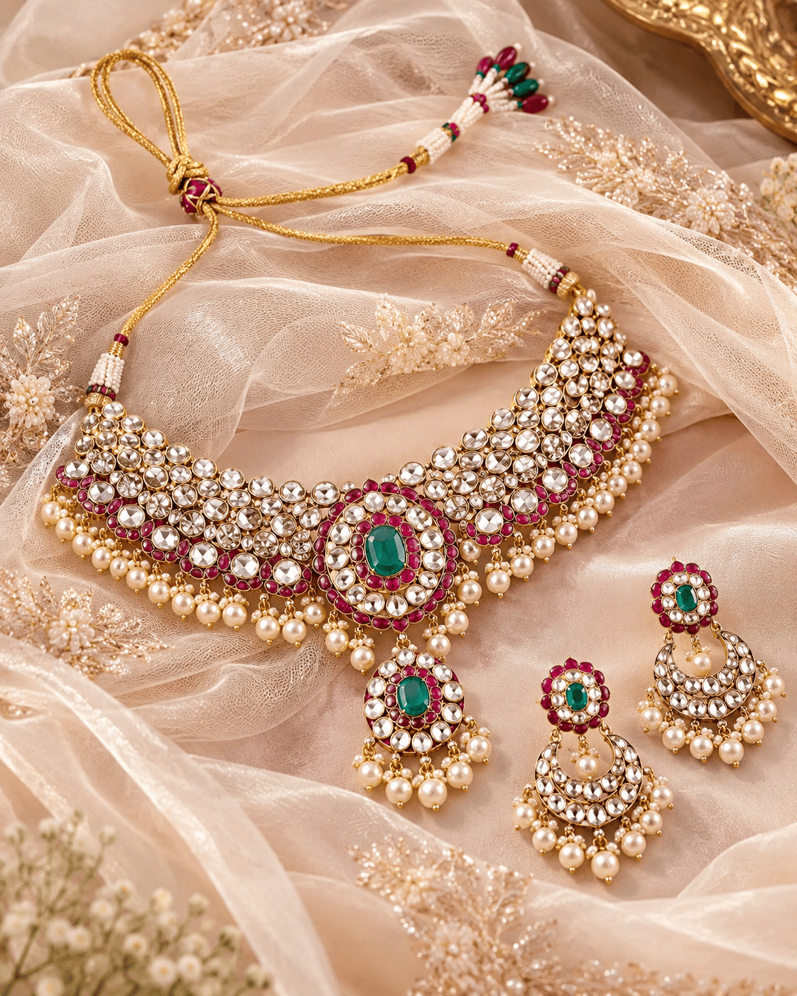 Mataari Necklaces Arunika Gold Plated Polki Kundan Pearl Choker Bridal Necklace with Maang Tikka