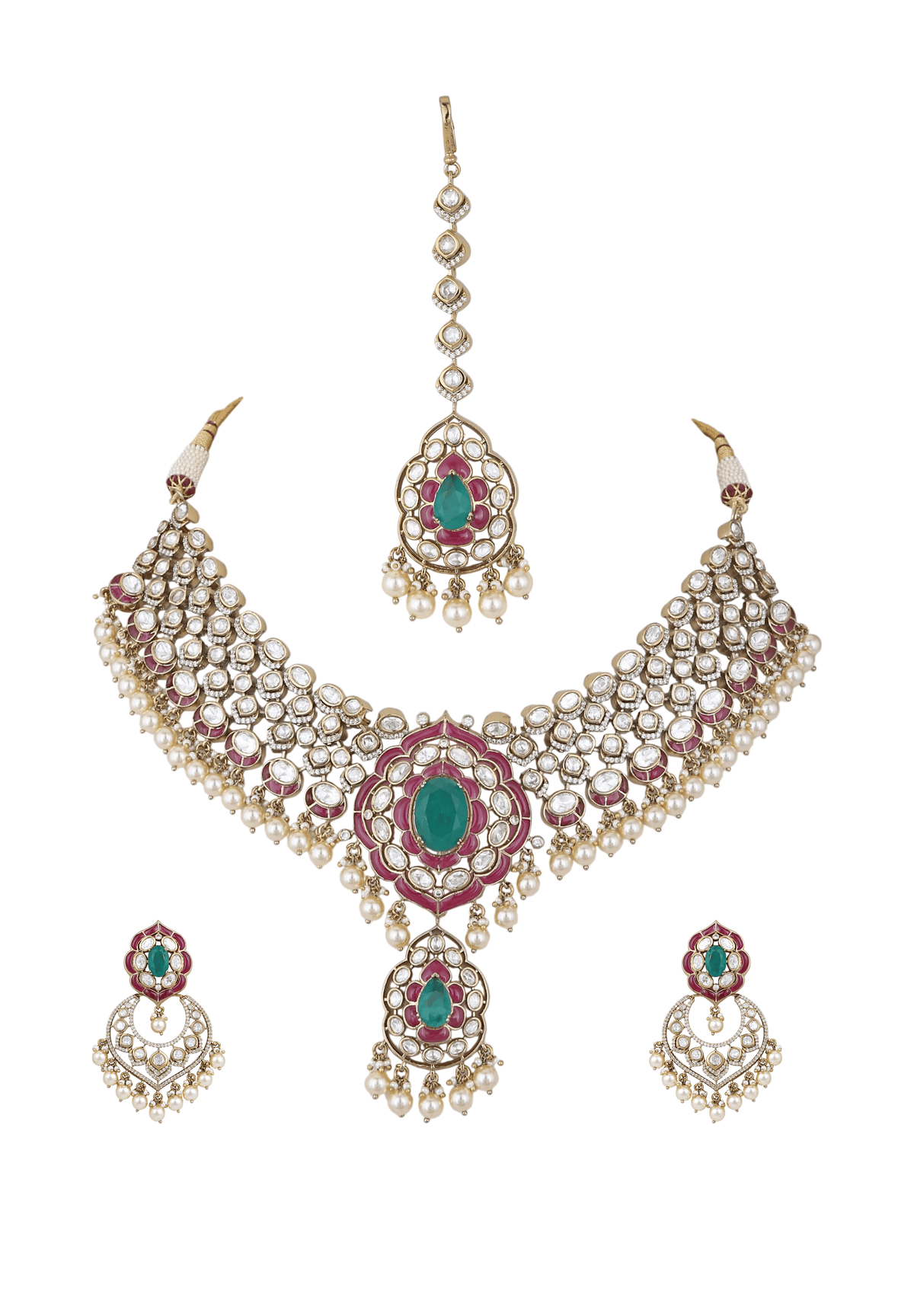 Mataari Necklaces Arunika Gold Plated Polki Kundan Pearl Choker Bridal Necklace with Maang Tikka