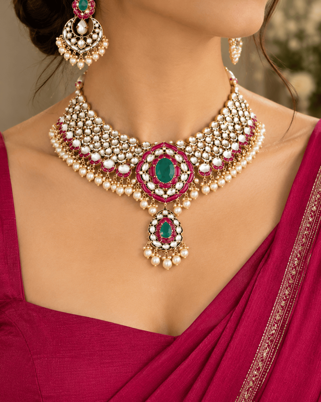 Mataari Necklaces Arunika Gold Plated Polki Kundan Pearl Choker Bridal Necklace with Maang Tikka