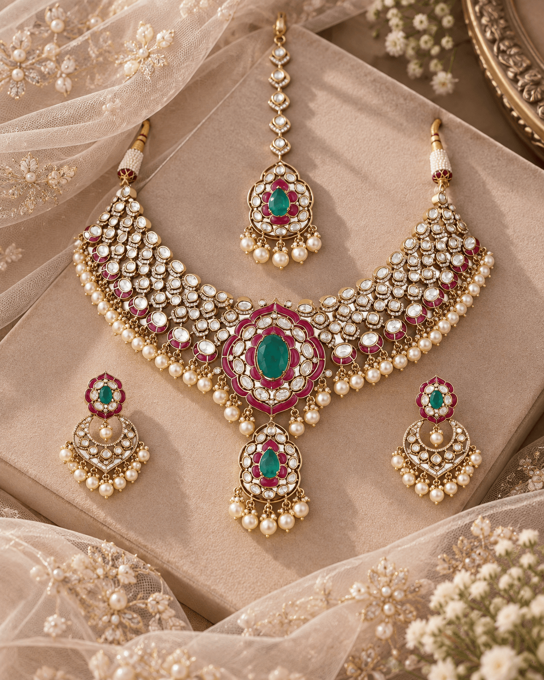 Mataari Necklaces Arunika Gold Plated Polki Kundan Pearl Choker Bridal Necklace with Maang Tikka