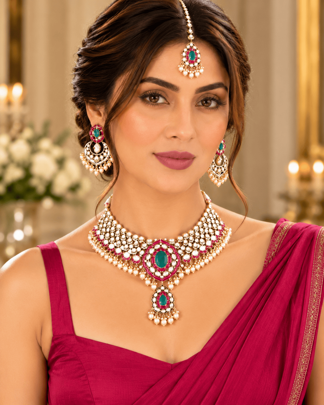 Mataari Necklaces Arunika Gold Plated Polki Kundan Pearl Choker Bridal Necklace with Maang Tikka