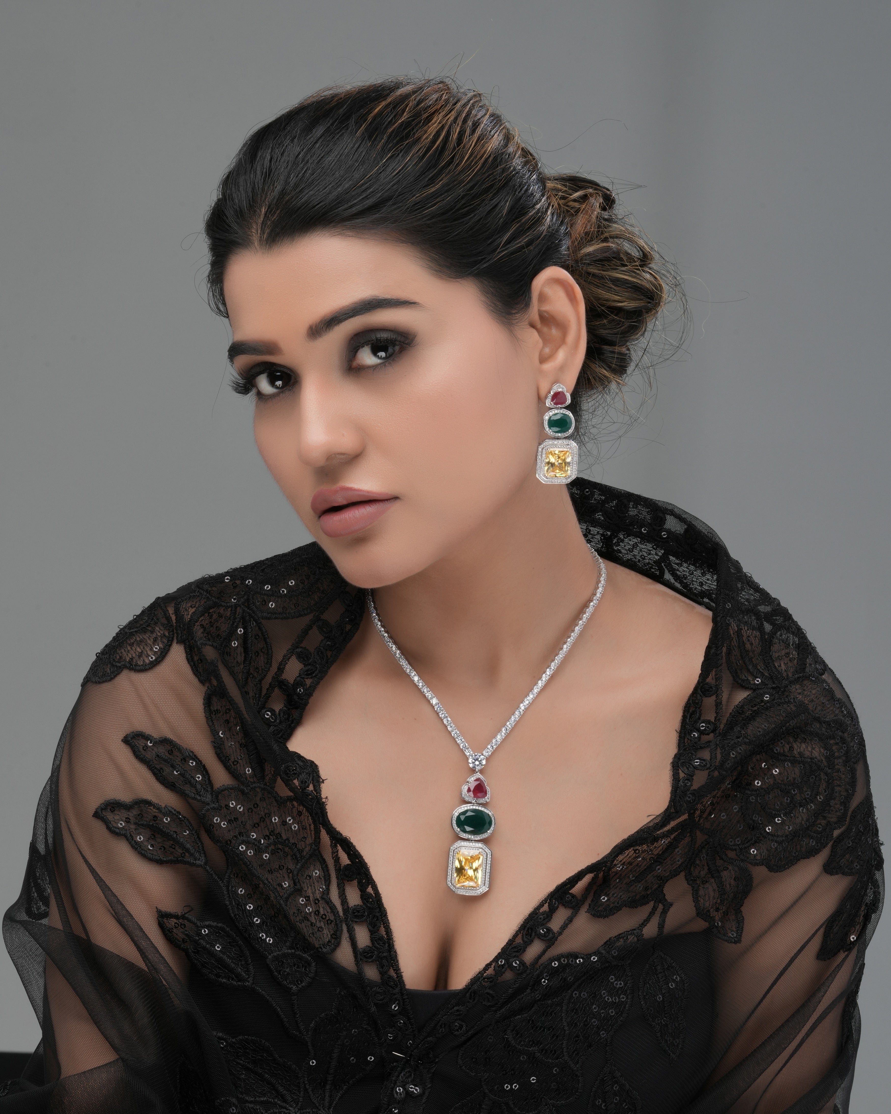 Mataari Necklaces Aurora Prism Multi-Stone Necklace Set – Modern | Rhodium | Indian Jewelry | Mataari
