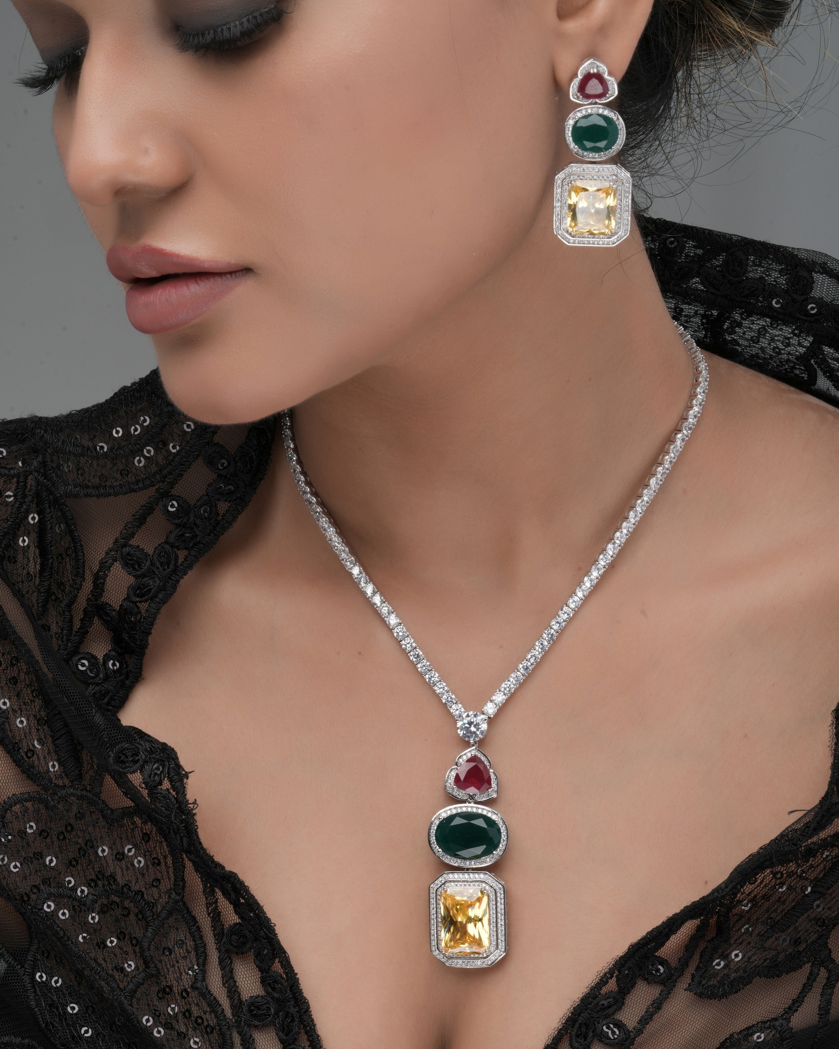 Mataari Necklaces Aurora Prism Multi-Stone Necklace Set – Modern | Rhodium | Indian Jewelry | Mataari
