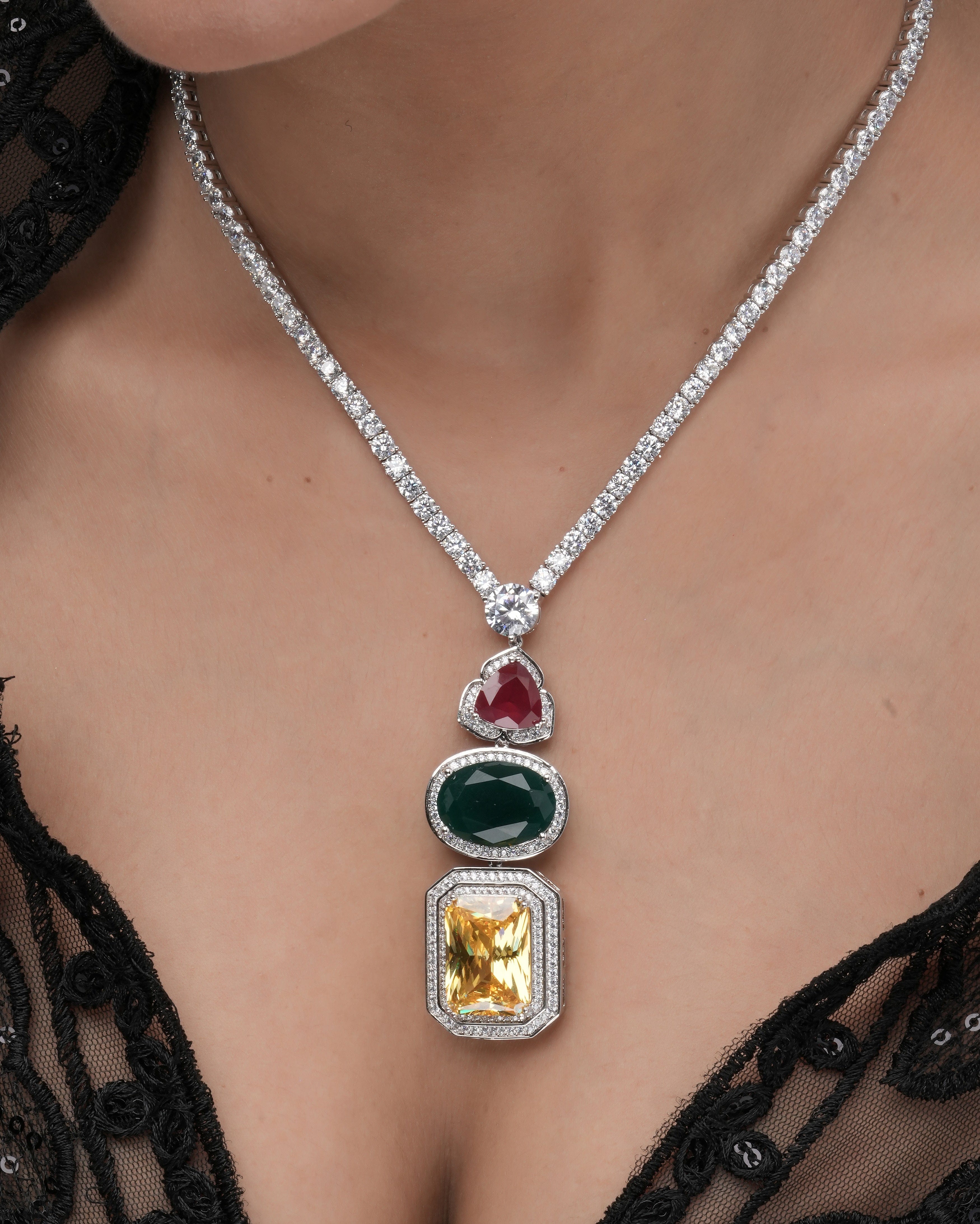 Mataari Necklaces Aurora Prism Multi-Stone Necklace Set – Modern | Rhodium | Indian Jewelry | Mataari