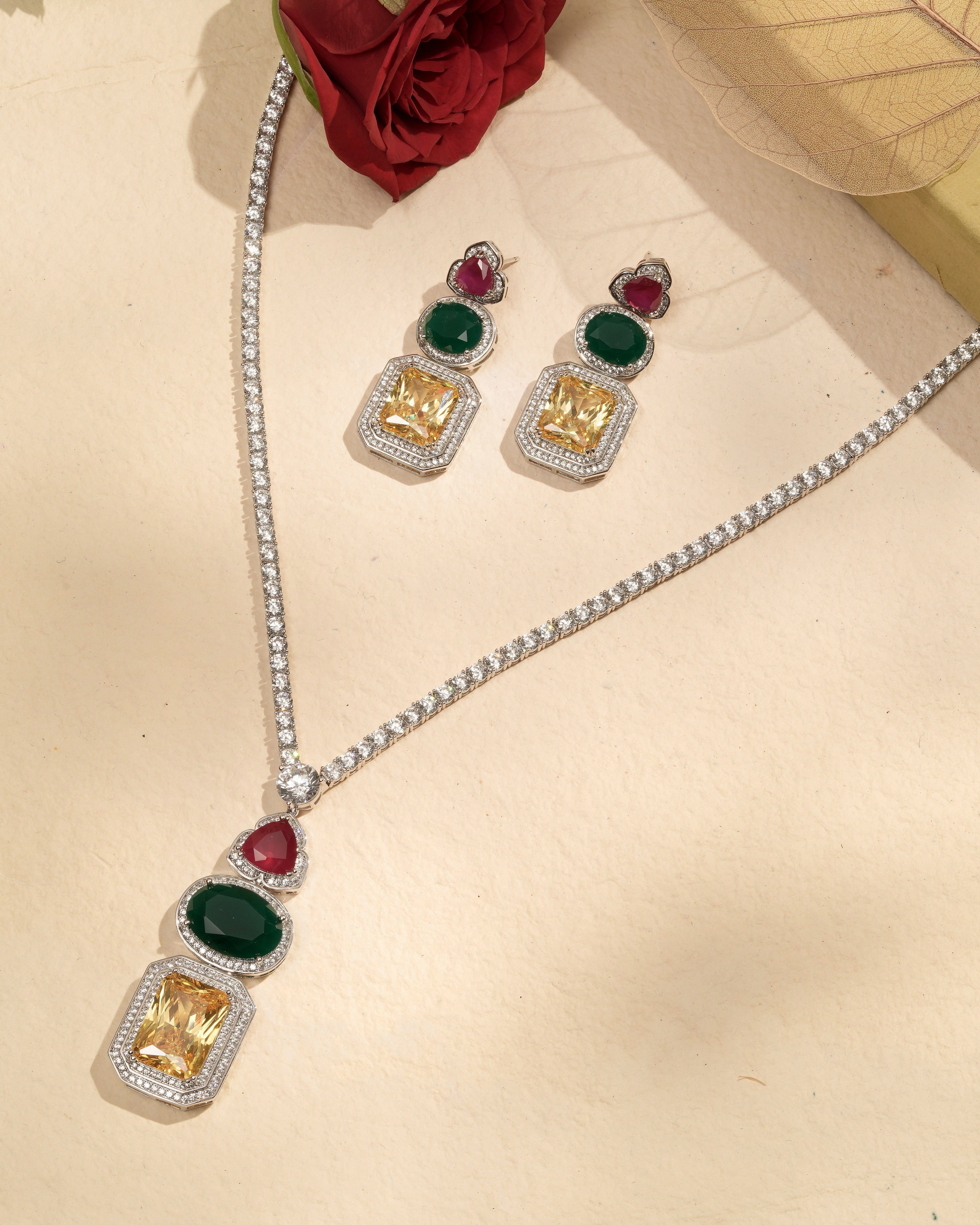 Mataari Necklaces Aurora Prism Multi-Stone Necklace Set – Modern | Rhodium | Indian Jewelry | Mataari