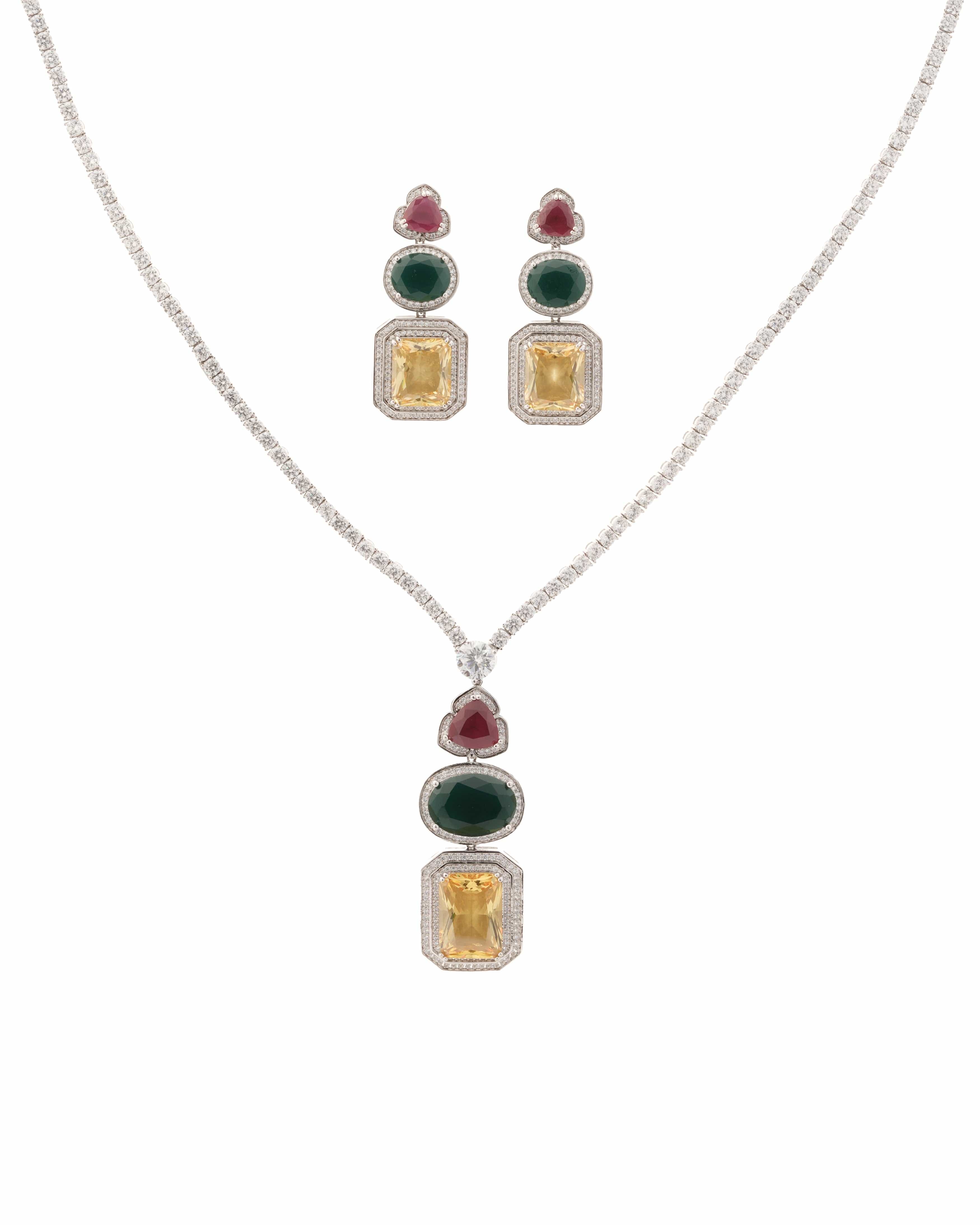 Mataari Necklaces Aurora Prism Multi-Stone Necklace Set – Modern | Rhodium | Indian Jewelry | Mataari