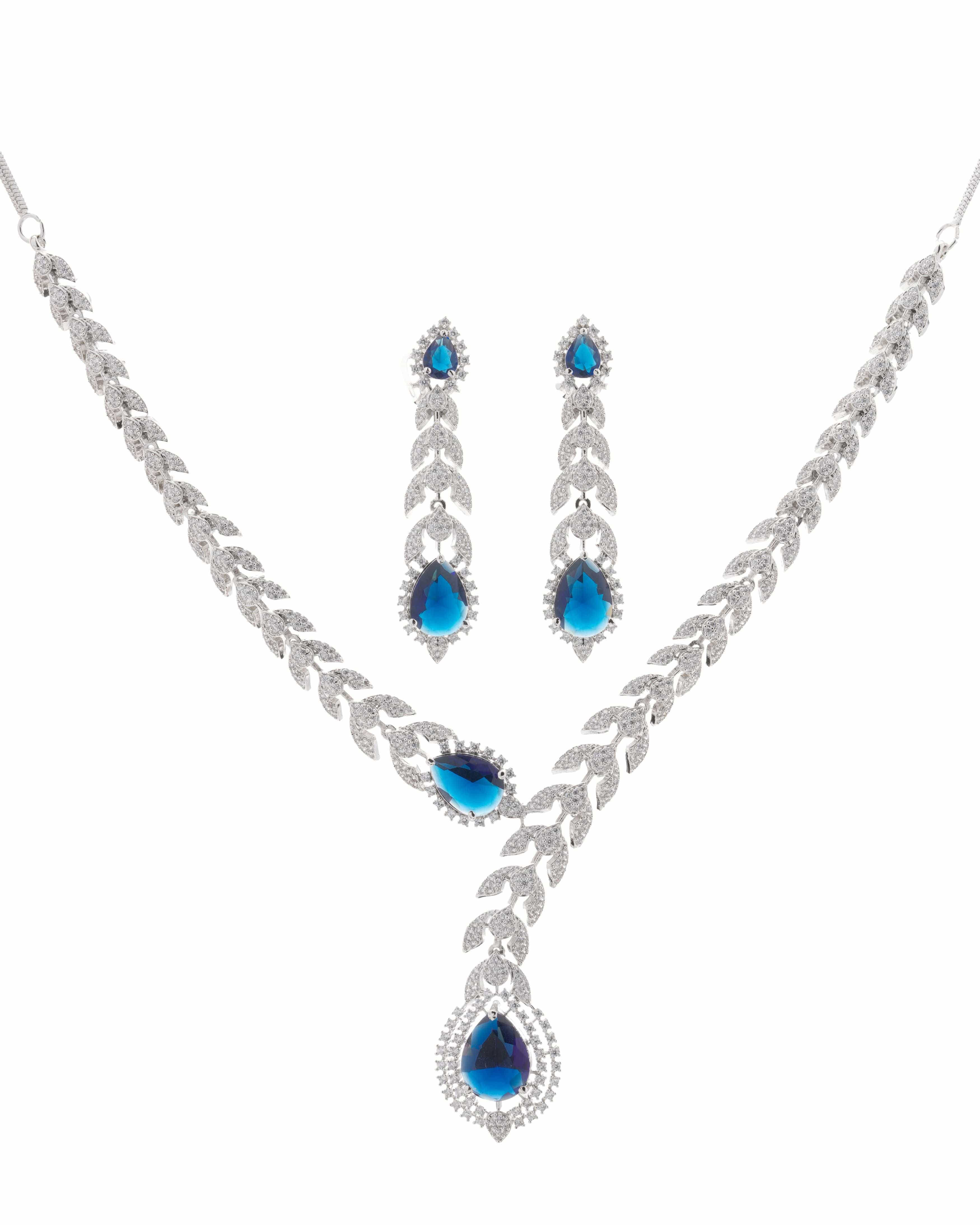 Mataari Necklaces Azure Whisper CZ Teardrop snake shape Necklace | Rhodium | Indian Jewelry | Mataari
