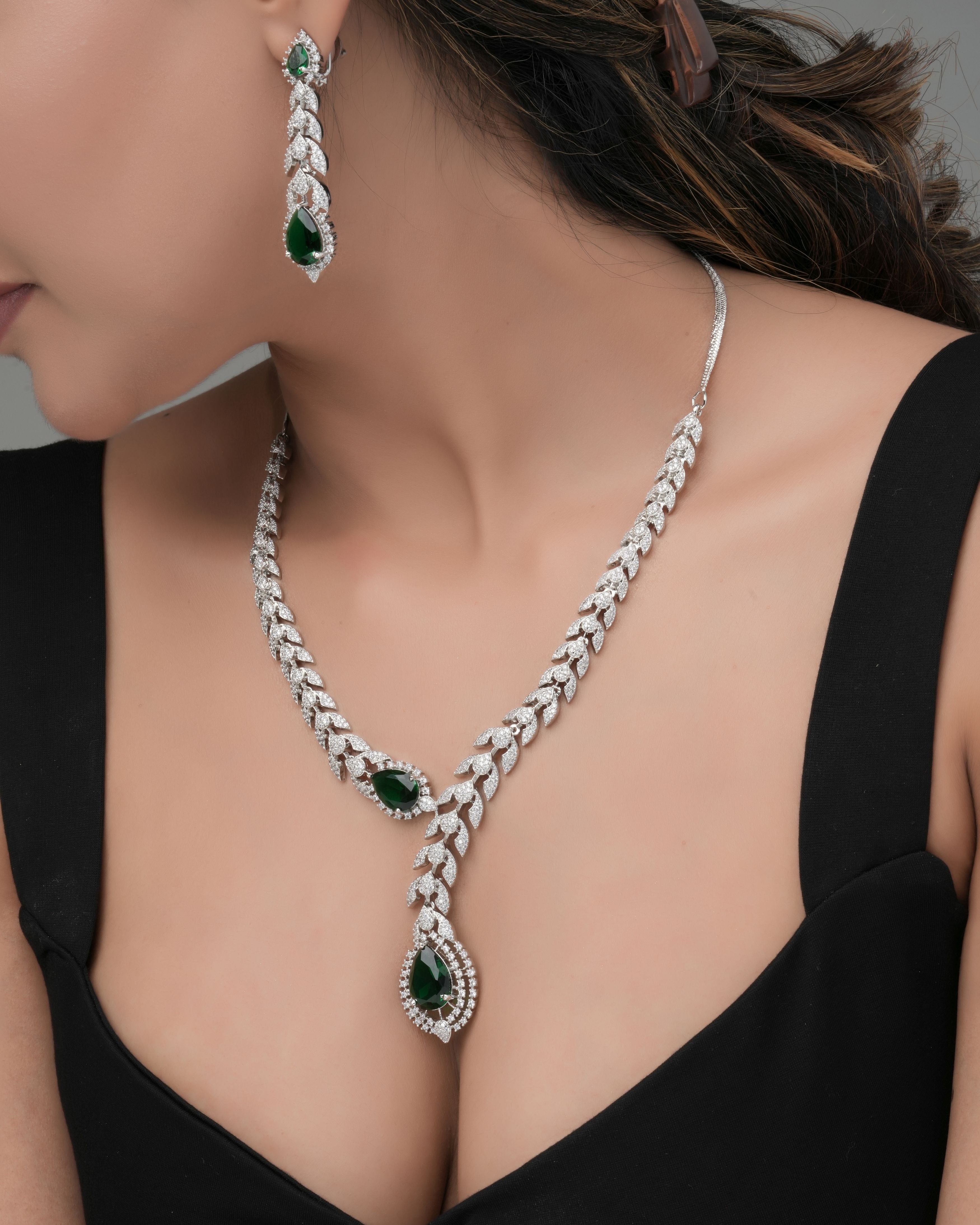 Mataari Necklaces Azure Whisper CZ Teardrop snake shape Necklace | Rhodium | Indian Jewelry | Mataari