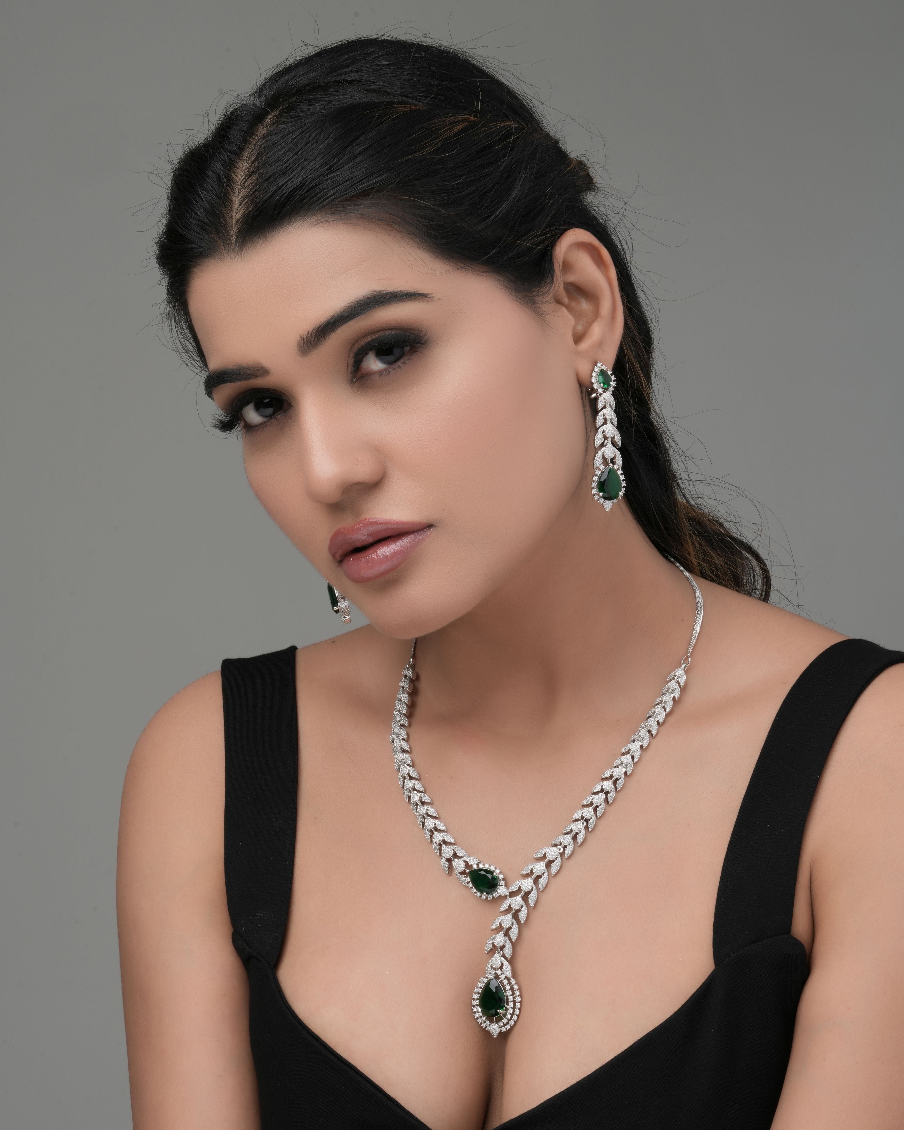 Mataari Necklaces Azure Whisper CZ Teardrop snake shape Necklace | Rhodium | Indian Jewelry | Mataari