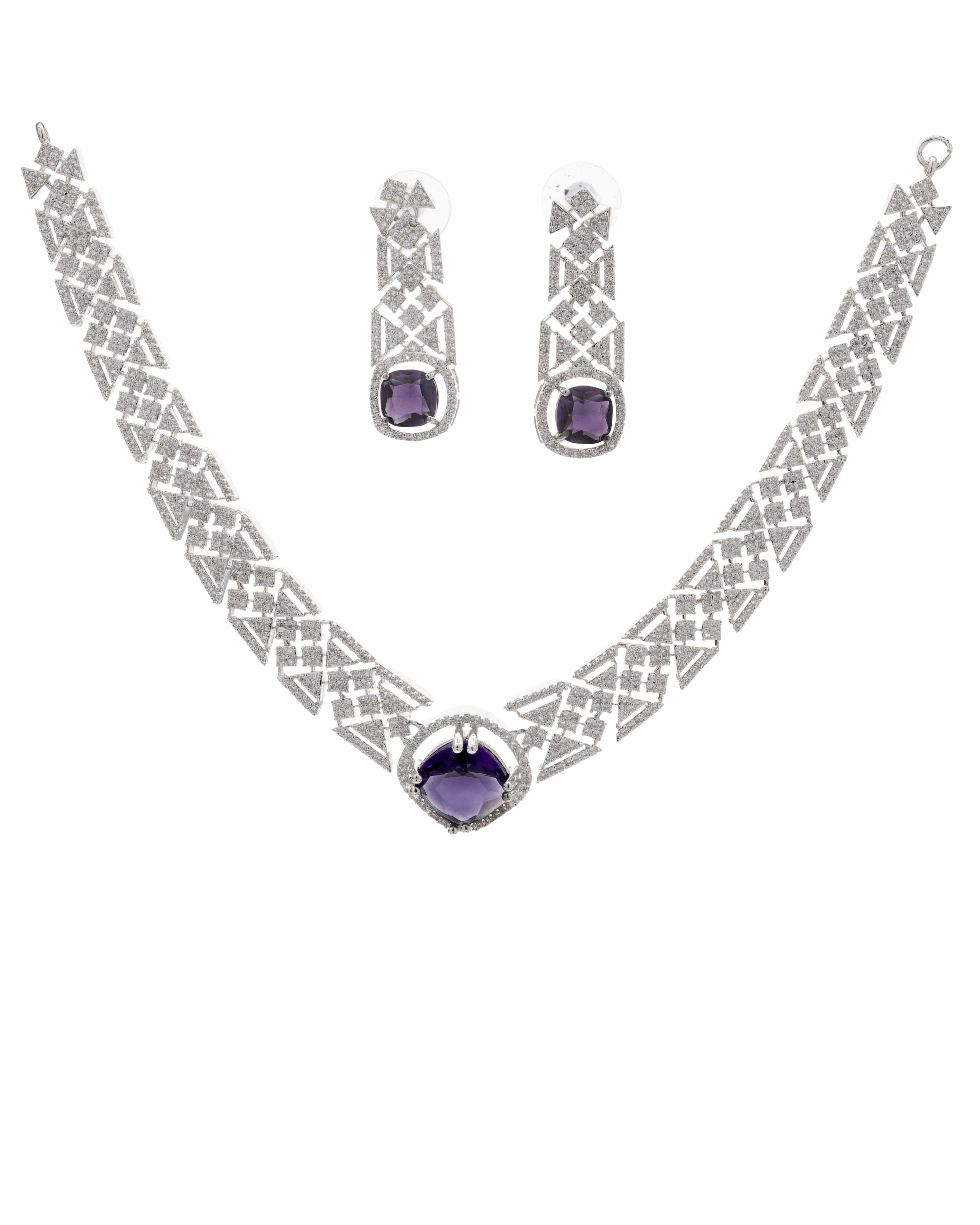 Mataari Necklaces Amethyst Allure CZ Choker & Earring Set | Rhodium | Indian Jewelry | Mataari