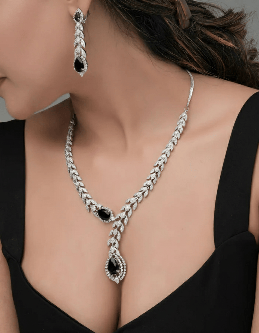 Mataari Necklaces Azure Whisper CZ Teardrop snake shape Necklace | Rhodium | Indian Jewelry | Mataari