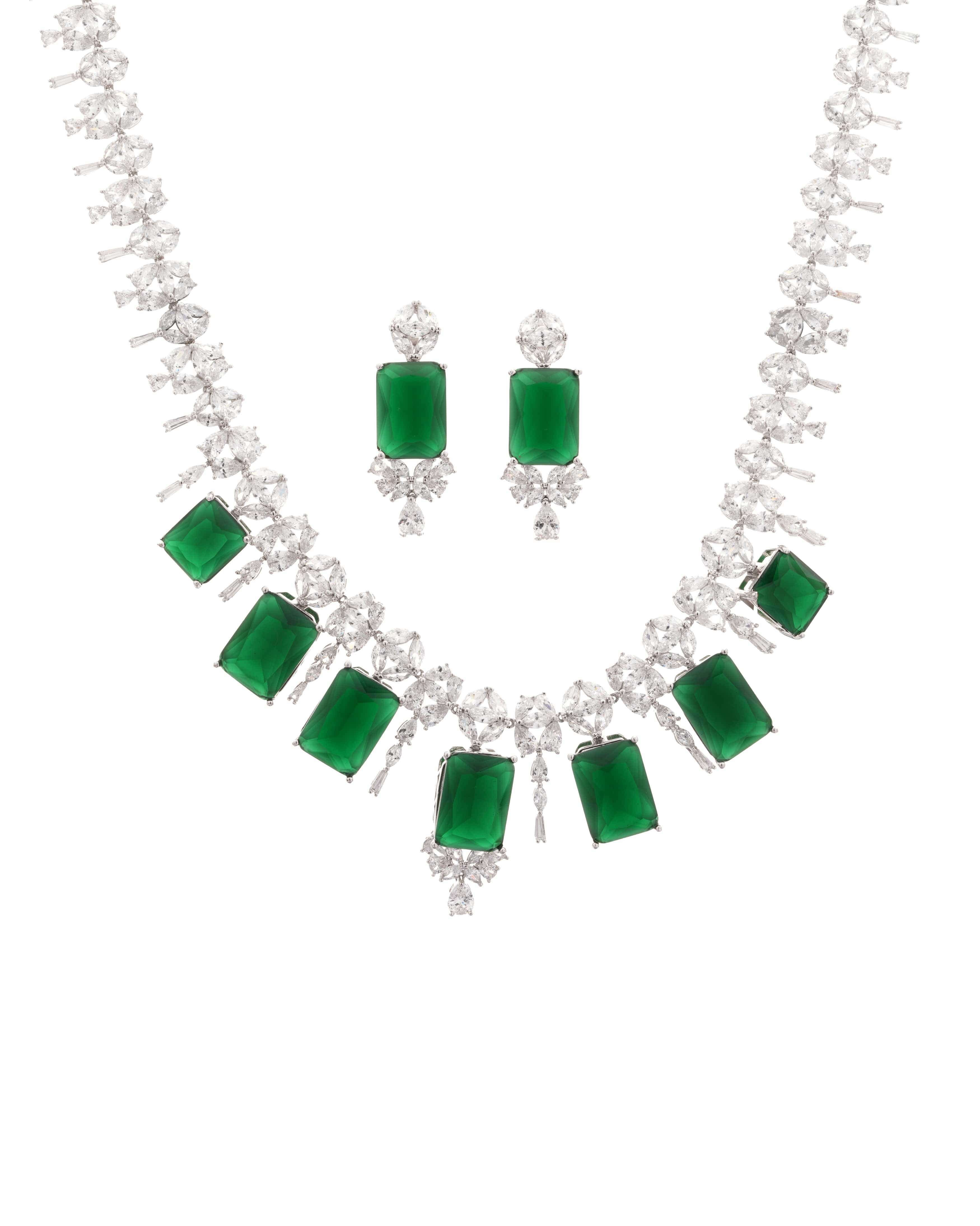 Mataari Necklaces Blossom CZ Necklace & Earring Set | Rhodium | Indian Jewelry | Mataari