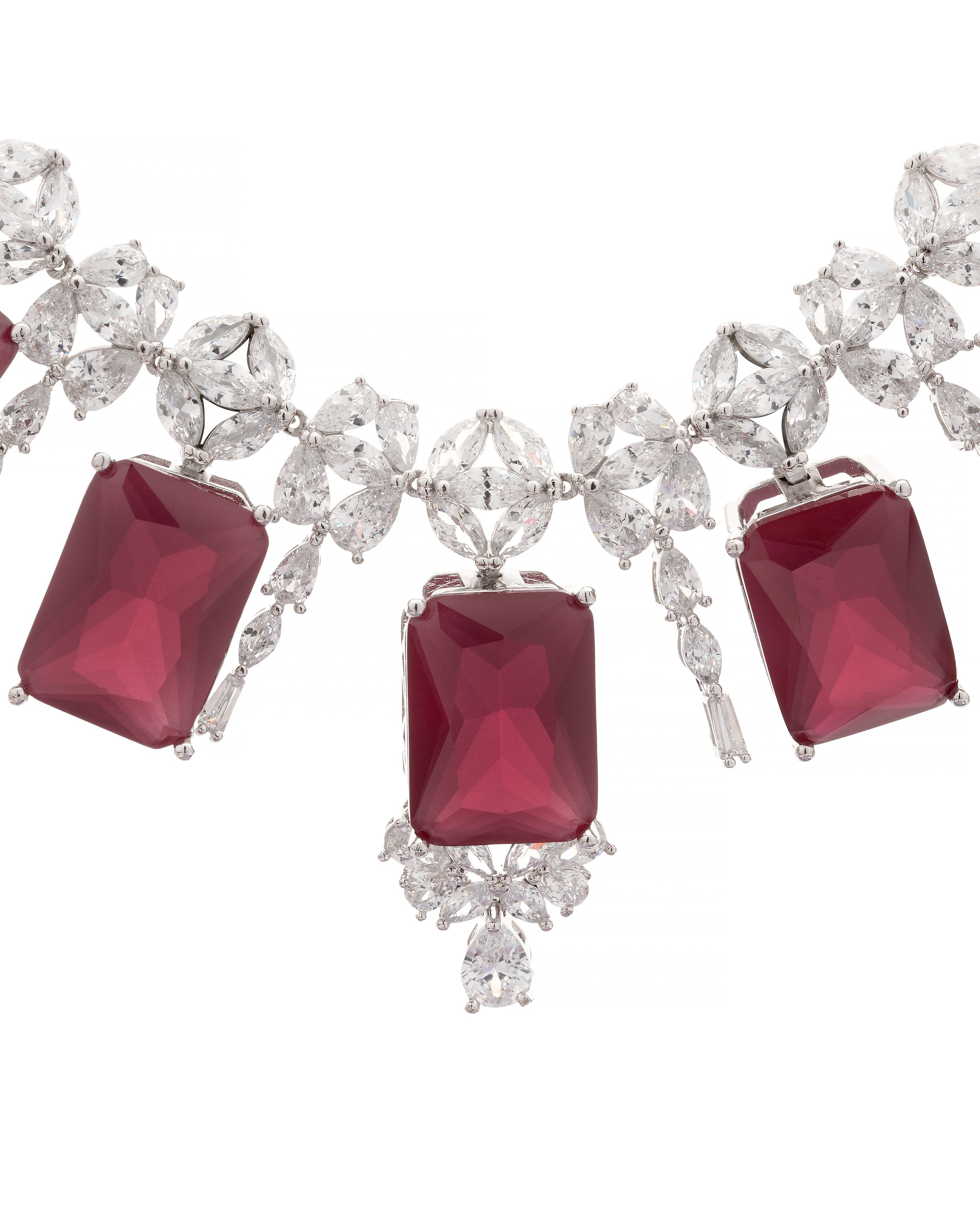 Mataari Necklaces Blossom CZ Necklace & Earring Set | Rhodium | Indian Jewelry | Mataari